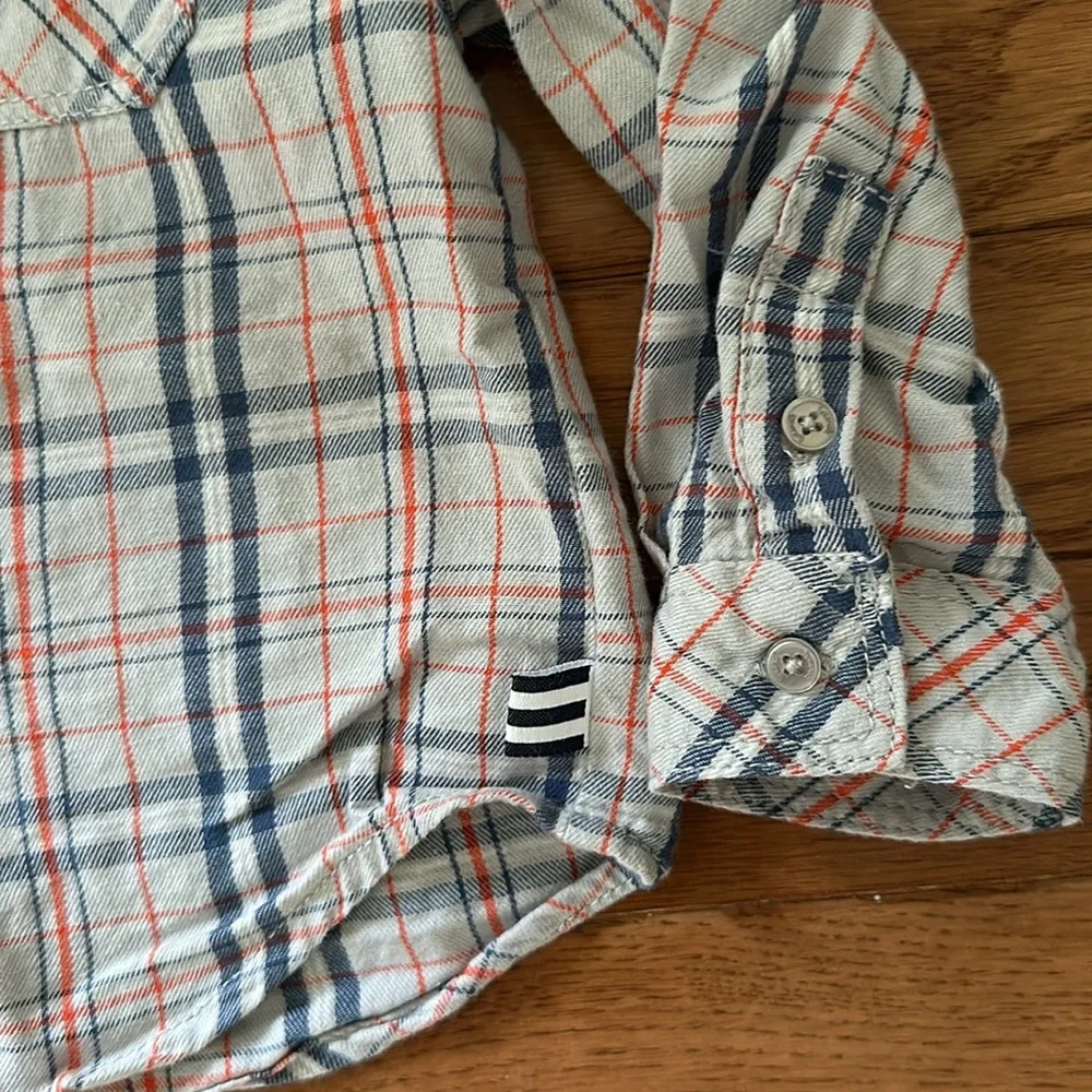 👶🏻 SPLENDID BABY Boys Button Down Shirt 12-18 months tan red blue euc